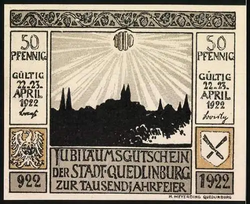 Notgeld Quedlinburg 1922, 50 Pfennig, Das älteste Haus und Jubiläumsgutschein zur Tausendjahrfeier