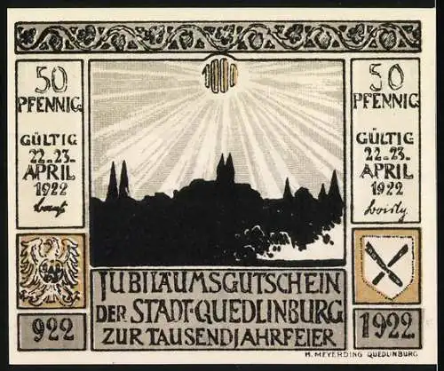 Notgeld Quedlinburg 1922, 50 Pfennig, Einzug der Preussen 1698 und Jubiläumsgutschein zur Tausendjahrfeier