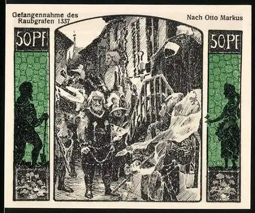 Notgeld Quedlinburg 1922, 50 Pfennig, Gefangennahme des Raubgrafen 1337 und Jubiläumsgutschein zur Tausendjahrfeier