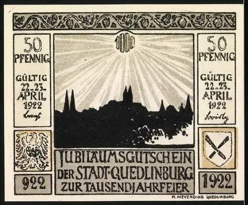 Notgeld Quedlinburg 1922, 50 Pfennig, Gefangennahme des Raubgrafen 1337 und Jubiläumsgutschein zur Tausendjahrfeier