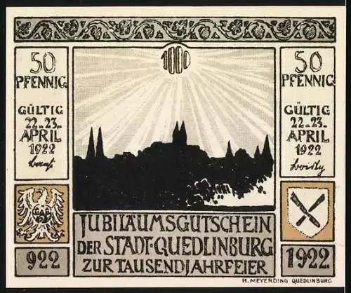 Notgeld Quedlinburg 1922, 50 Pfennig, Jubiläumsgutschein zur Tausendjahrfeier der Stadt Quedlinburg