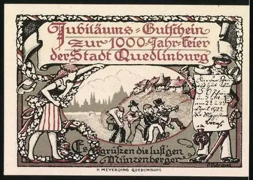 Notgeld Quedlinburg 1922, 50 Pfennig, Jubiläums-Gutschein zur 1000-Jahr-Feier der Stadt Quedlinburg