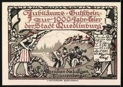 Notgeld Quedlinburg 1922, 50 Pfennig, Jubiläums-Gutschein zur 1000-Jahr-Feier der Stadt mit Stadtansicht, Musikanten