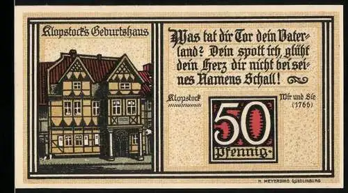 Notgeld Quedlinburg, 1921, 50 Pfennig, Klopstocks Geburtshaus und Statue mit Hammer