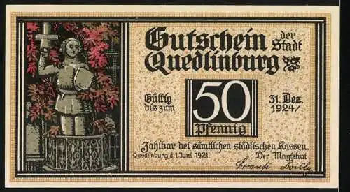 Notgeld Quedlinburg, 1921, 50 Pfennig, Klopstocks Geburtshaus und Statue mit Hammer