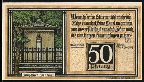 Notgeld Quedlinburg, 1921, 50 Pfennig, Klopstock Denkmal und Schloss von der Südseite