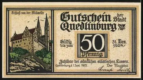 Notgeld Quedlinburg, 1921, 50 Pfennig, Klopstock Denkmal und Schloss von der Südseite