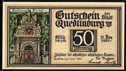 Notgeld Quedlinburg, 1921, 50 Pfennig, Rathaus Portal und F. G. Klopstock Porträt