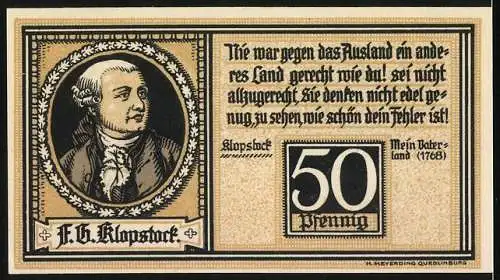 Notgeld Quedlinburg, 1921, 50 Pfennig, Rathaus Portal und F. G. Klopstock Porträt