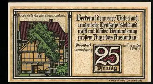 Notgeld Quedlinburg 1921, 25 Pfennig, Gutschein der Stadt Quedlinburg mit Klopstocks Geburtshaus und Zitat