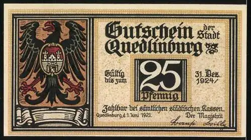 Notgeld Quedlinburg 1921, 25 Pfennig, Gutschein der Stadt Quedlinburg mit Klopstocks Geburtshaus und Zitat