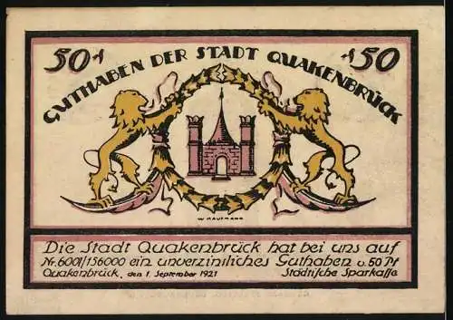 Notgeld Quakenbrück 1921, 50 Pfennig, Eilernar Burgmann mit Stadtwappen und Löwen