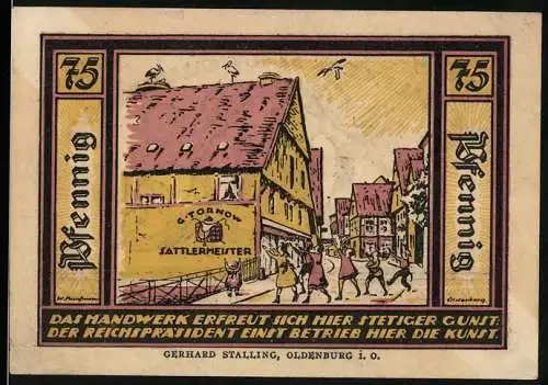 Notgeld Quakenbrück, 1921, 75 Pfennig, Handwerkszene und Stadtwappen mit Löwen