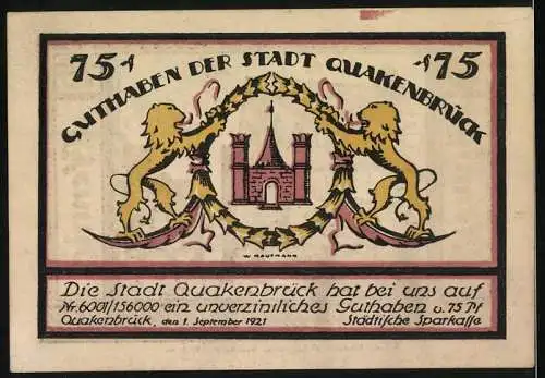 Notgeld Quakenbrück, 1921, 75 Pfennig, Handwerkszene und Stadtwappen mit Löwen