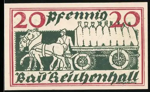 Notgeld Bad Reichenhall, 1920, 20 Pfennig, Pferdewagen und Salzsäcke, Stadtwappen, Unterschrift Wallner