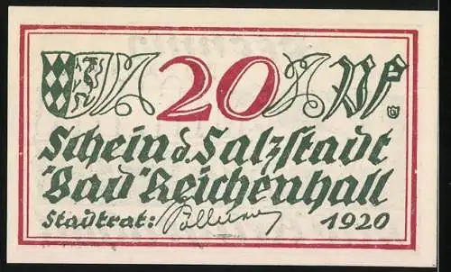 Notgeld Bad Reichenhall, 1920, 20 Pfennig, Pferdewagen und Salzsäcke, Stadtwappen, Unterschrift Wallner