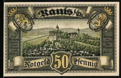 Notgeld Ranis 1921, 50 Pfennig, Schlossansicht und Löwenwappen in Thüringen