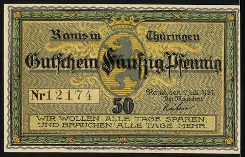 Notgeld Ranis 1921, 50 Pfennig, Schlossansicht und Löwenwappen in Thüringen