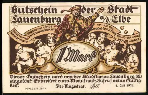 Notgeld Lauenburg a.d. Elbe, 1921, 1 Mark, humorvolle Szenerie mit Narren und Kindern, Segelschiff, MOLL & CO Lübeck