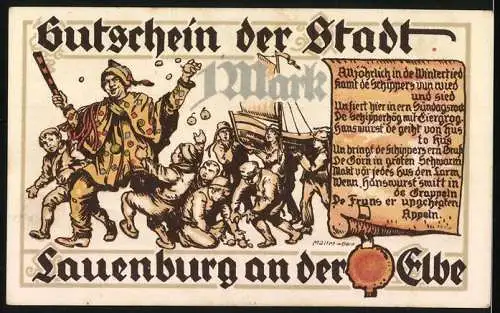 Notgeld Lauenburg a.d. Elbe, 1921, 1 Mark, humorvolle Szenerie mit Narren und Kindern, Segelschiff, MOLL & CO Lübeck