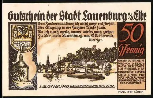 Notgeld Lauenburg an der Elbe, 50 Pfennig, Stadtansichten und historische Gebäude, Zitate von Werther und der Festung