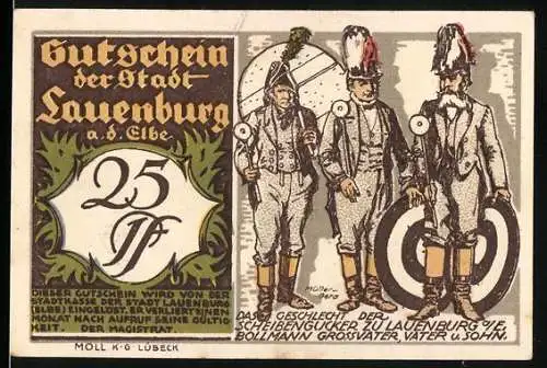 Notgeld Lauenburg a.d. Elbe, 25 Pf, Schiessgucker-Motiv und historische Gebäude