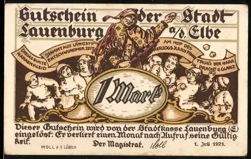 Notgeld Lauenburg an der Elbe, 1921, 1 Mark, bunte Narrenabbildungen mit historischer Referenz zur Stadtgeschichte