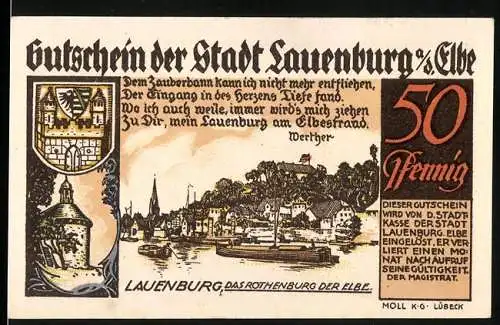 Notgeld Lauenburg an der Elbe, 50 Pfennig, Stadtansicht mit Gedicht und Wappen, Rückseite mittelalterliche Burg