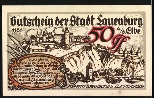 Notgeld Lauenburg an der Elbe, 50 Pfennig, Stadtansicht mit Gedicht und Wappen, Rückseite mittelalterliche Burg