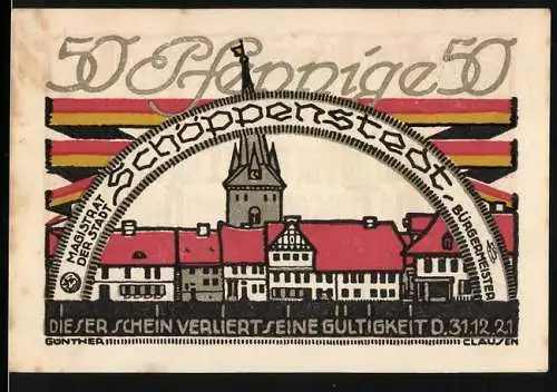 Notgeld Schöppenstedt, 1921, 50 Pfennig, Stadtansicht und gotische Schrift auf Rückseite