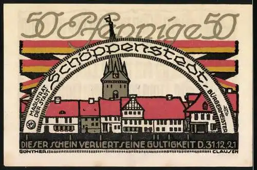 Notgeld Schöppenstedt 1921, 50 Pfennig, Stadtansicht mit Rathaus und Text in gotischer Schrift