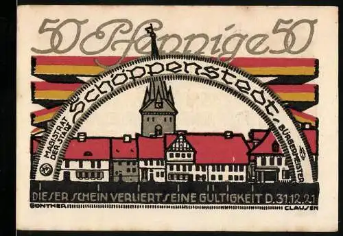 Notgeld Schöppenstedt, 1921, 50 Pfennig, Stadtansicht mit Turm und Gebäude, Text auf Rückseite