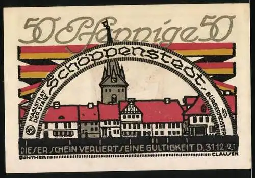 Notgeld Schöppenstedt, 1921, 50 Pfennig, Stadtansicht mit Wappen und Sprüchen