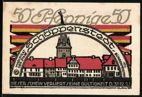 Notgeld Schöppenstedt, 1921, 50 Pfennig, Stadtansicht mit Schriftzug und Kirche