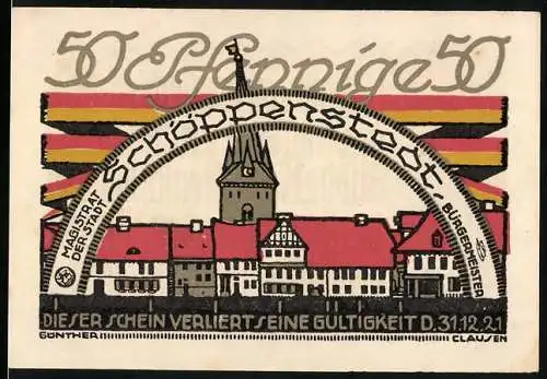 Notgeld Schöppenstedt, 1921, 50 Pfennig, Vorderseite Stadtansicht mit Kirche, Rückseite Text in Frakturschrift