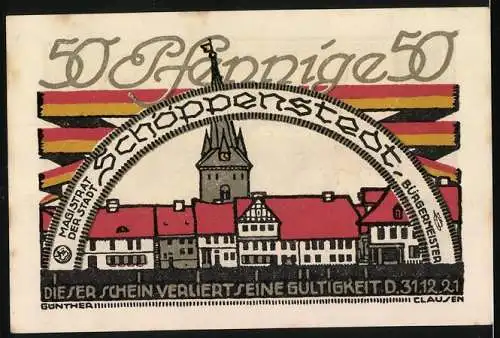 Notgeld Schöppenstedt 1921, 50 Pfennig, Gruppe von Menschen und Stadtszene mit Turm