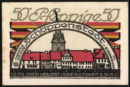 Notgeld Schöppenstedt, 1921, 50 Pfennig, Darstellung eines Gebäudeensembles und einer Versammlung von Männern