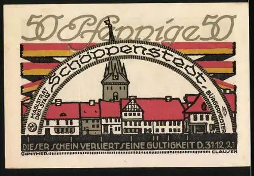 Notgeld Schöppenstedt, 1921, 50 Pfennig, stilisierte Stadtansicht und historische Szene auf dem Marktplatz