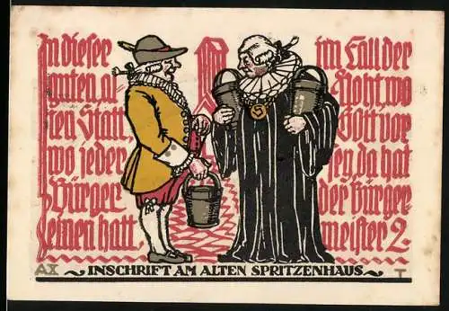 Notgeld Schöppenstedt, 1921, 50 Pfennig, Inschrift am alten Spritzenhaus und Stadtansicht