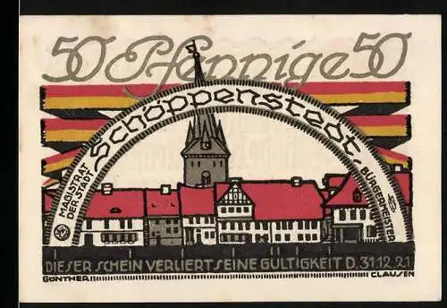 Notgeld Schöppenstedt, 1921, 50 Pfennig, Stadtansicht und gotische Schrift