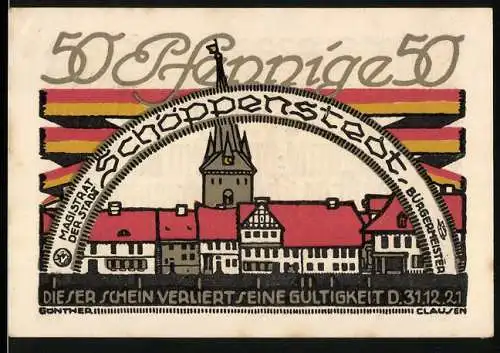 Notgeld Schöppenstedt, 1921, 50 Pfennig, Stadtansicht und gotische Schrift