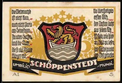 Notgeld Schöppenstedt, 1921, 50 Pfennig, Stadtwappen mit Gedicht und Stadtansicht