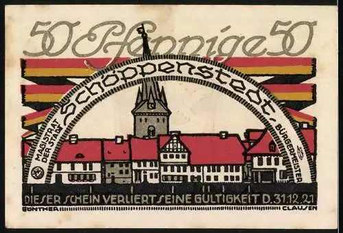 Notgeld Schöppenstedt, 1921, 50 Pfennig, Stadtwappen mit Gedicht und Stadtansicht