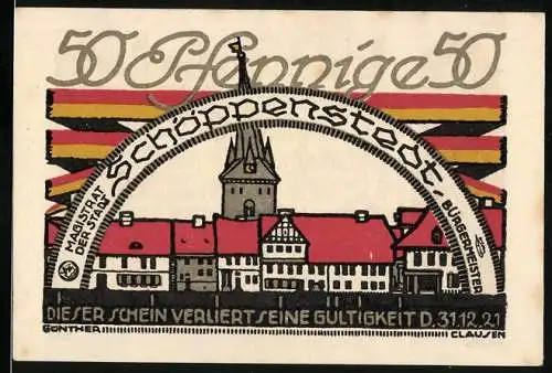 Notgeld Schöppenstedt 1921, 50 Pfennig, Stadtansicht mit Turm und Gebäude, Rückseite mit Text und Illustration