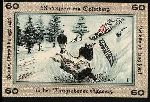 Notgeld Neugraben-Hausbruch 1921, 60 Pfennig, Rodelsport am Opferberg in der Neugrabener Schweiz