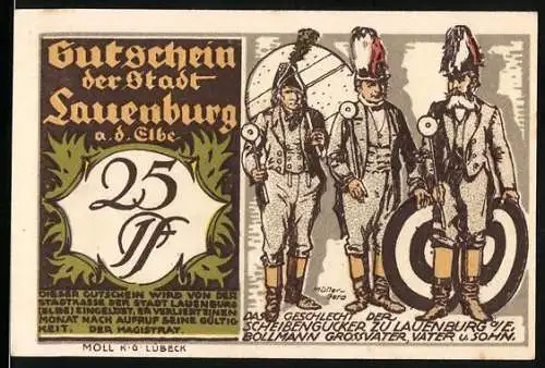 Notgeld Lauenburg a.d. Elbe, 25 Pf, historische Gebäude und Schützen mit Zielscheibe