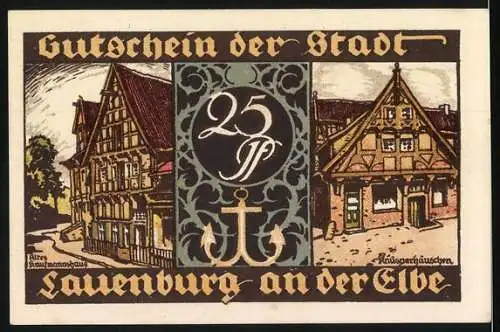 Notgeld Lauenburg a.d. Elbe, 25 Pf, historische Gebäude und Schützen mit Zielscheibe