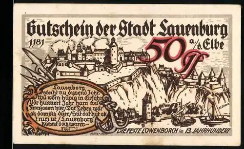 Notgeld Lauenburg, 50 Pfennig, Die Feste Löwenborch im 13. Jahrhundert - Lauenburg das Rothenburg der Elbe