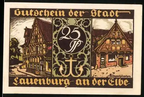 Notgeld Lauenburg an der Elbe, 1921, 25 Pf, historische Gebäude und Schützengilde