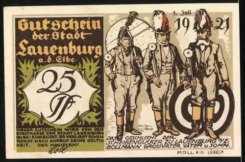 Notgeld Lauenburg an der Elbe, 1921, 25 Pf, historische Gebäude und Schützengilde